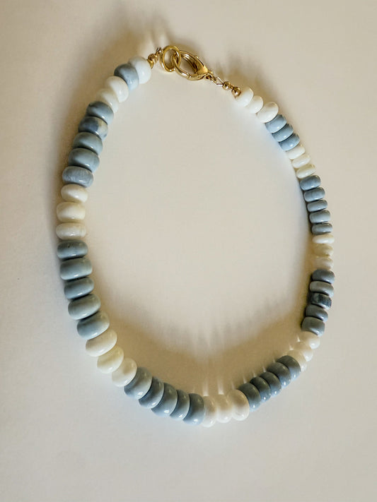 Natural blue and white Peruvian opal beaded necklace with gold by Hope and Raye.
