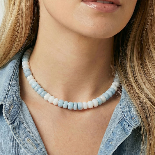 Natural blue and white opal beaded necklace with gold clasp. Handmade in Atlanta by HOPE & RAYE. This necklace ships in a jewelry box with velvet pouch making it easy to gift.