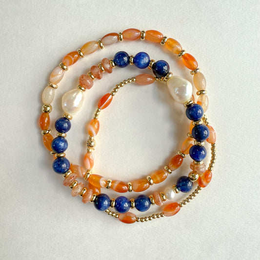 Orange and blue- game day bracelet stack of 3 handcrafted gemstone bracelets. Lapis, pearl, carnelian gemstone bracelet stack. Made in Atlanta, GA, USA by Hope & Raye.