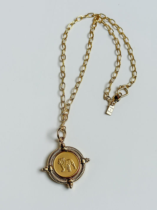 English bulldog gold coin charm on gold filled dainty adjustable chain necklace. Between the hedges gold UGA necklace. Handcrafted by Hope and Raye in Atlanta Georgia