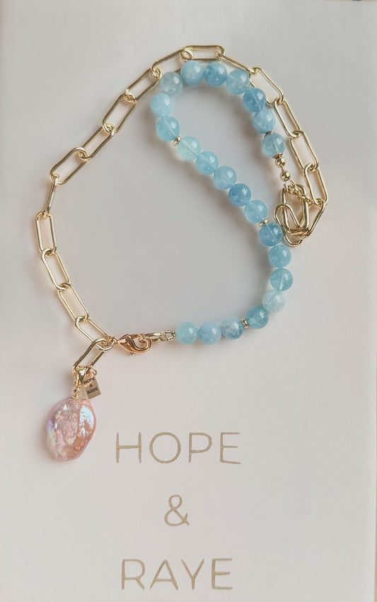 Aquamarine, Gold Chain & Pearl Charm Necklace | Half & Half Necklace