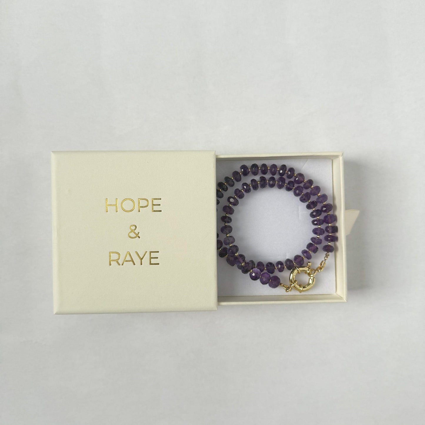 amethyst necklace in packaging-hope and raye