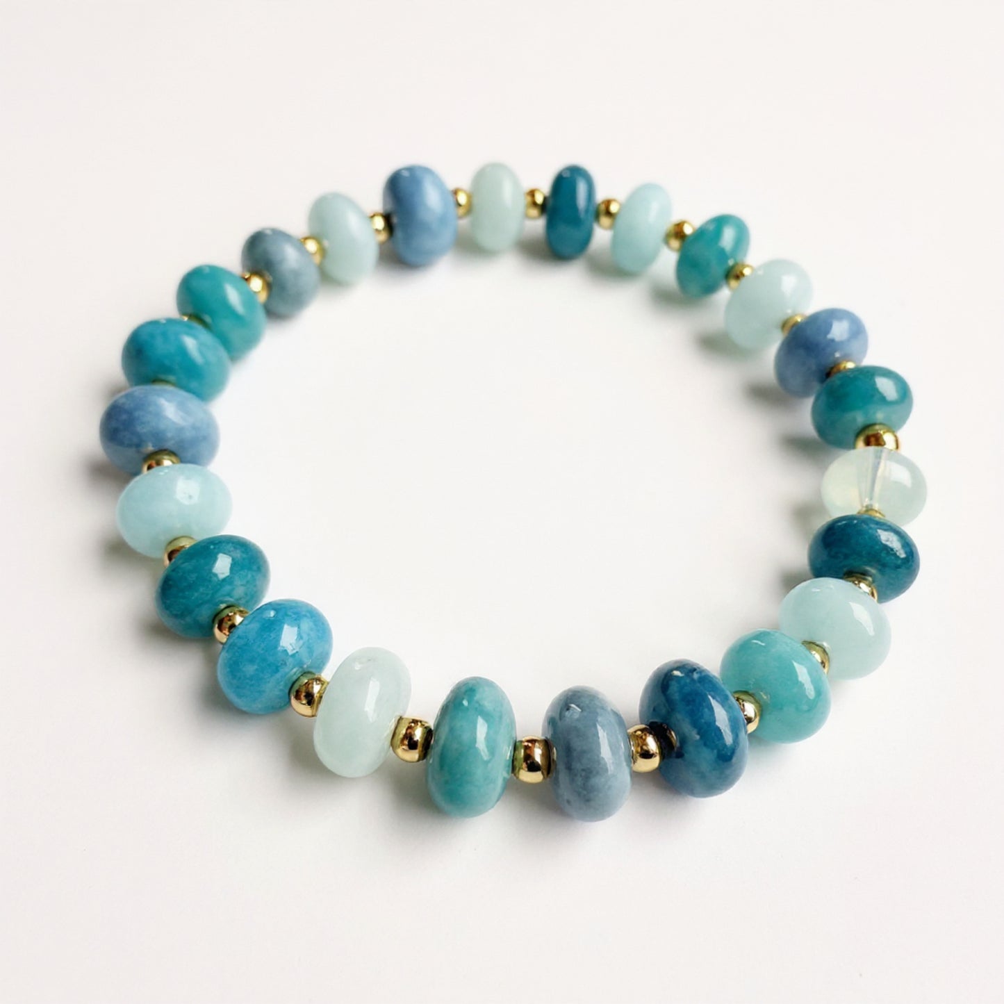 blue quartz and moonstone beaded stretch bracelet with gold-filled beads by Hope and Raye in Atlanta.