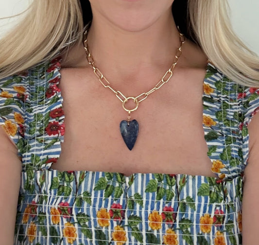 Gold paperclip 16 inch charm holder chain necklace with blue heart, gemstone charm. Add your own charms. Handcrafted in Atlanta, Georgia by Hope and Raye.