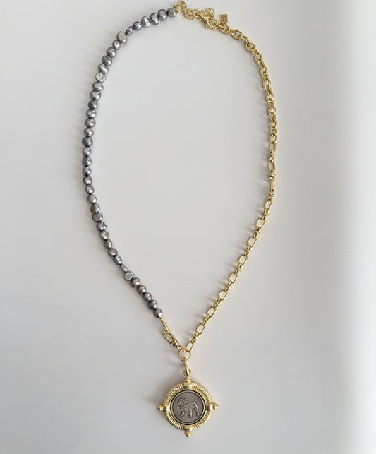 Handcrafted half and half necklace made with freshwater pearls and dainty gold paper clip chain – adjustable length– gold bulldog pendant at center – designed by Hope and Raye in Atlanta Georgia. Ships gift ready.