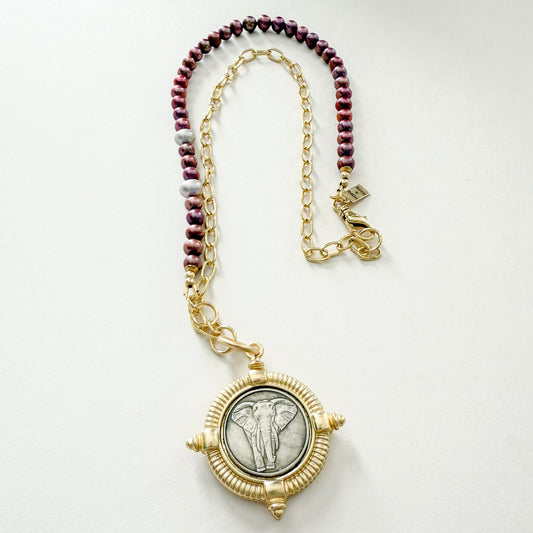 Gold chain necklace with elephant pendant and crimson pearls. Perfect for gameday in Tuscaloosa or holiday gifting for Tide fans. Handcrafted in Atlanta, GA and ships gift-ready. Gold-filled for lasting wear season after season.