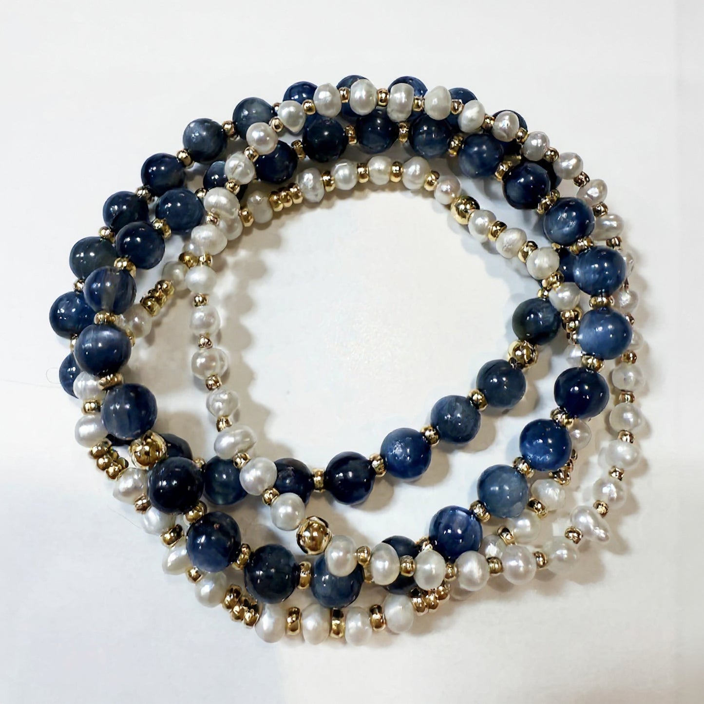blue round natural gemstone and baroque pearl bracelet stack