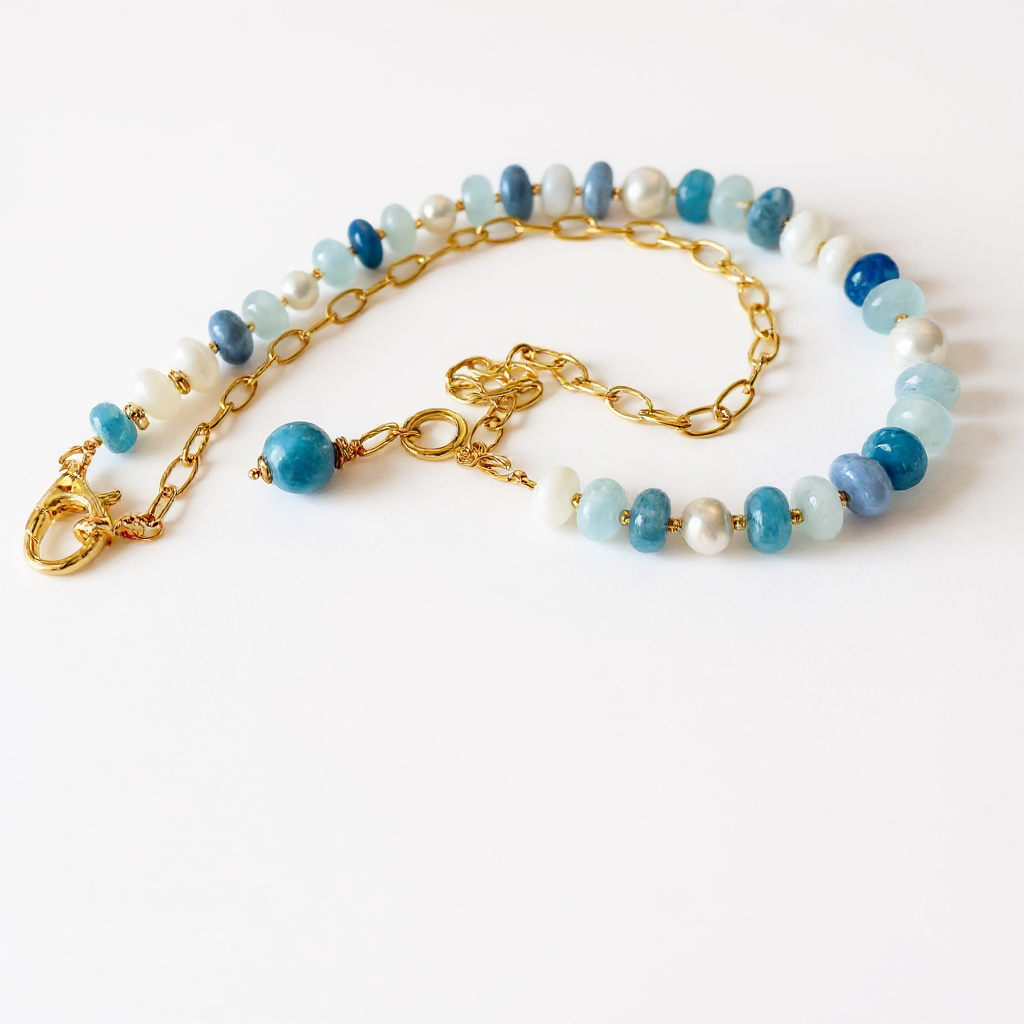 Larimar charm necklace with half and half design. One side gold-filled chain and other blue quartz, opal and pearl by Hope and Raye.