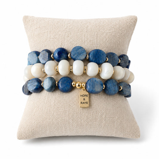 Lapis and white opal gemstone bracelets with gold