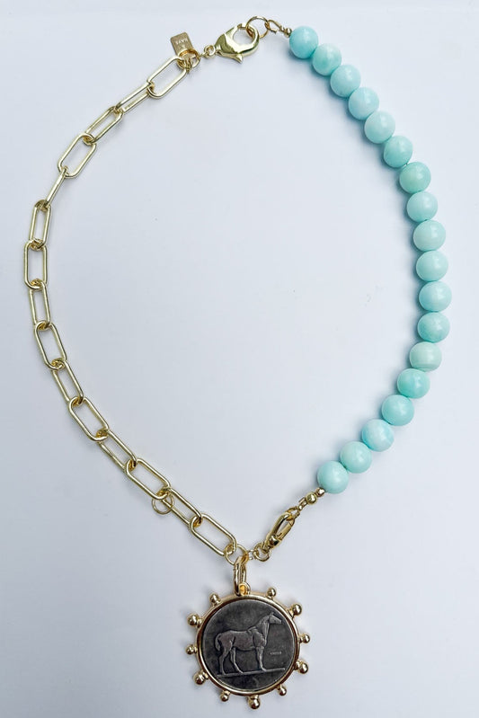 rare-opal-necklace-gold-chain-horse-pendant handcrafted in atlanta by HOPE & RAYE. 18k gold chain and natural Peruvian opal half and half design. Perfect holiday gift for her. ships gift-ready!