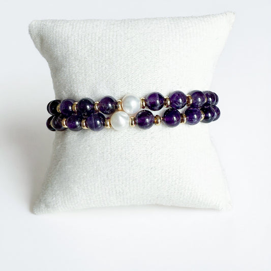 Natural amethyst beaded bracelet set of two with white freshwater pearl and gold discs