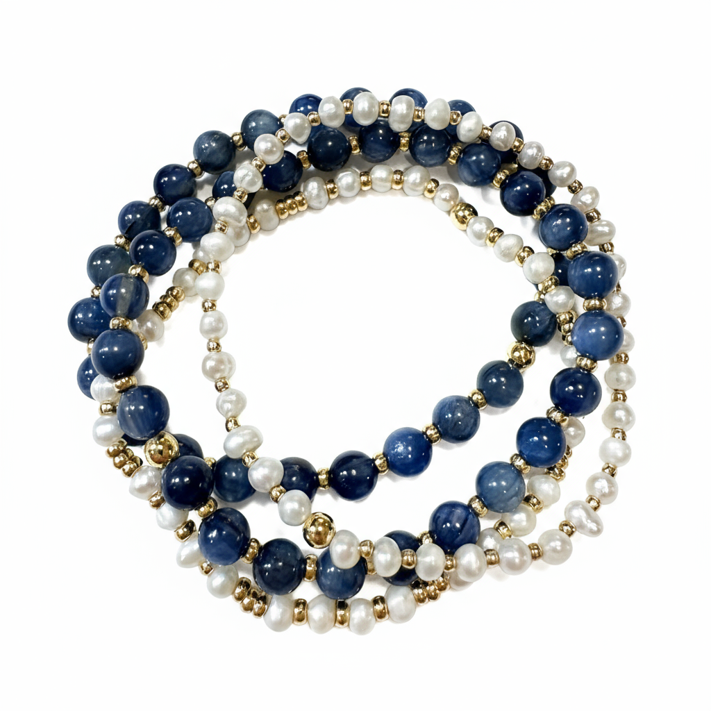Curated bracelet stack by HOPE & RAYE. Natural blue kyanite and freshwater pearl set of 4. The Cleopatra Stack. 