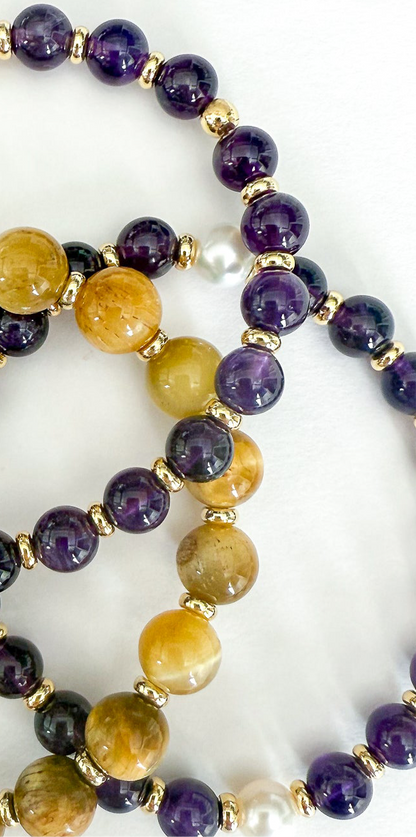 Purple Amethyst, White Pearl & Yellow Bracelet Set | Stack of 3 | GAMEDAY