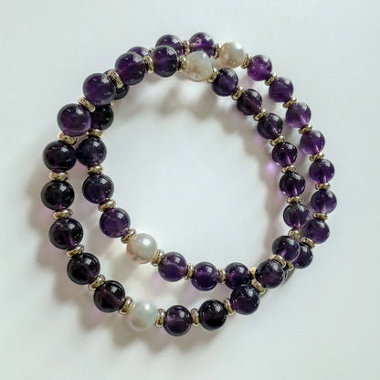 Bracelet set of 2- handcrafted ameth yet and gold beaded bracelets with white freshwater pearls. Handcrafted in Atlanta Georgia by Hope and Raye. 