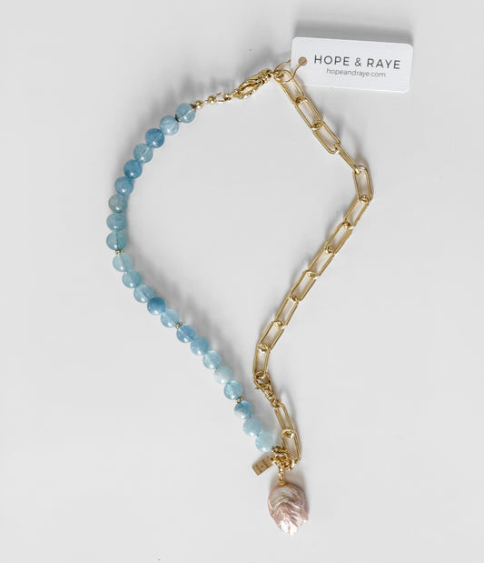 Natural aquamarine and 18k gold-filled chain necklace with baroque pearl charm. Handcrafted in Atlanta, GA, USA by HOPE & RAYE. Ships gift-ready. Perfect holiday necklace gift for her.