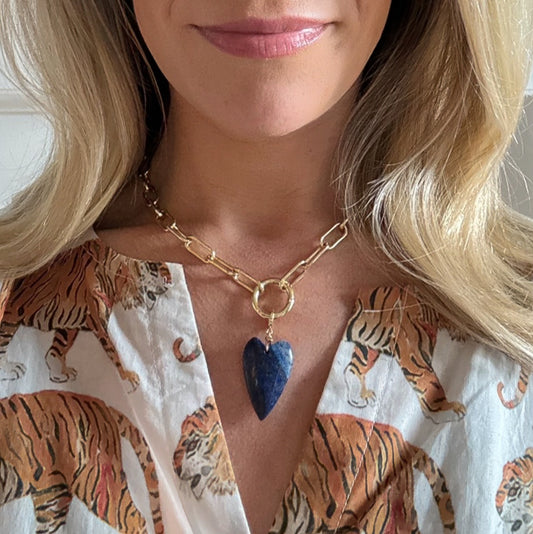 Gold Charm Holder Necklace | 16 Inch | Blue Lapis Heart Charm