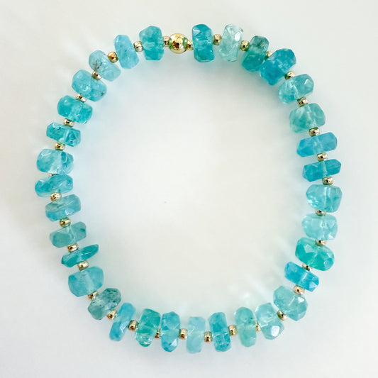 Tarnish resistant and gold filled bracelet handcrafted with natural blue apatite gemstones. Ships in a jewelry box with velvet pouch from Atlanta, Georgia. 