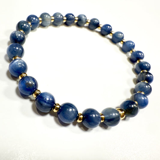 Handcrafted natural blue kyanite gemstone bracelet with 18k gold-filled beads on flexible material for everyday wear. Perfect for holiday gifting. Ships gift-ready. Handcrafted in Atlanta, Georgia USA by Hope and Raye. 