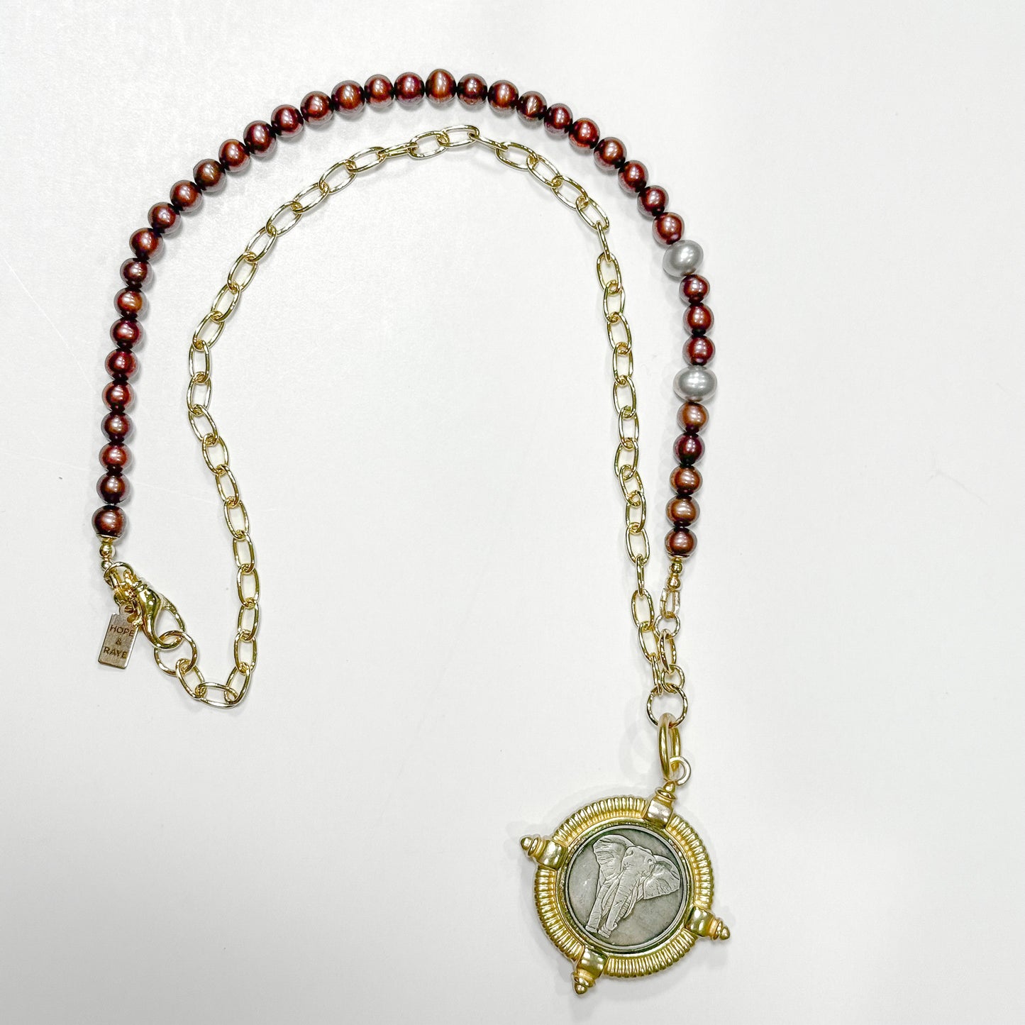 crimson pearl and gold chain necklace with elephant pendant. Perfect for gameday and holiday gifting. Tide-inspired necklace.