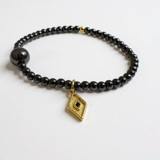 Black hematite, magnetic protection bracelet with evil eye gold filled charm