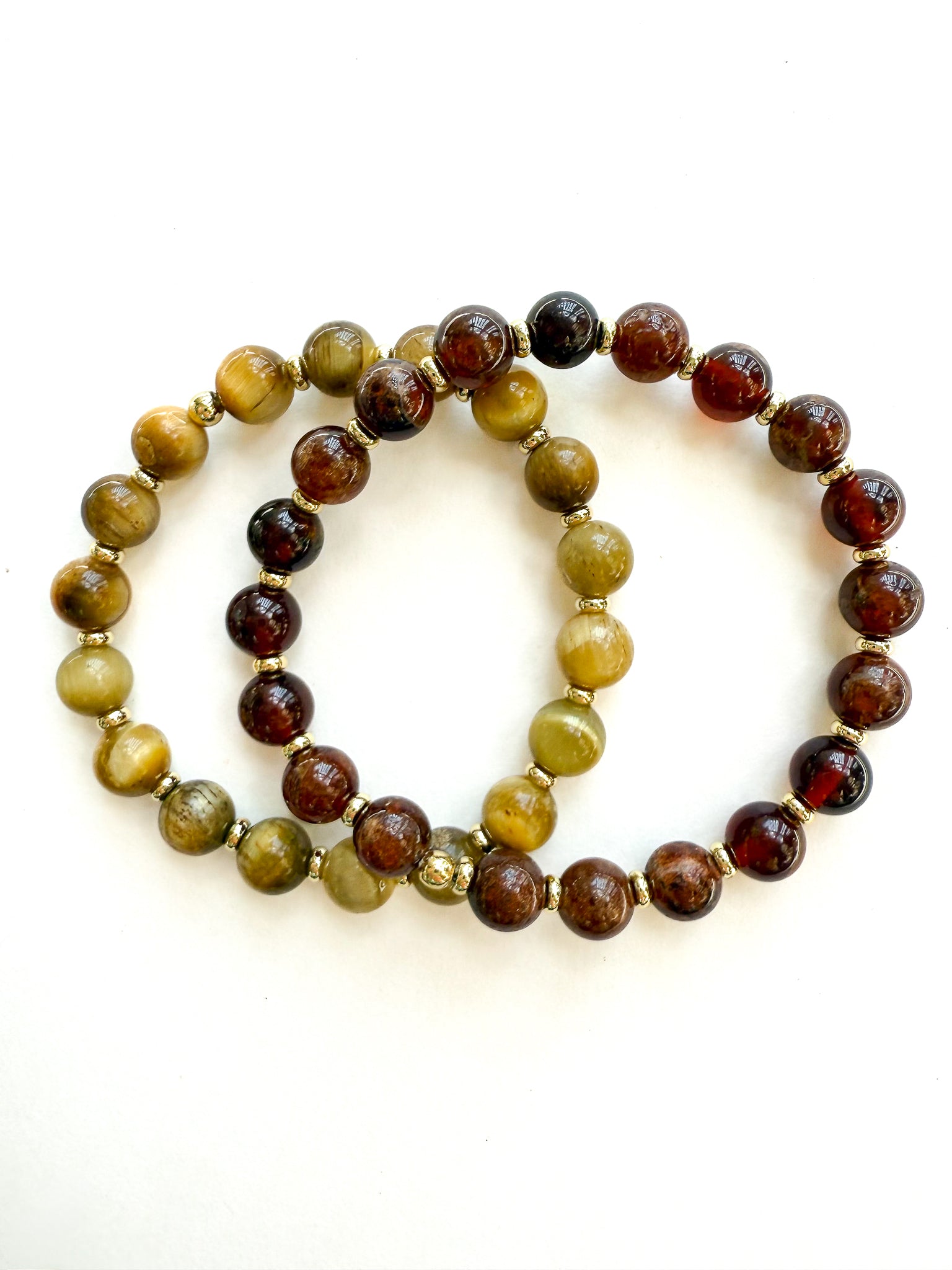 Garnet and gold bracelet pair for Gameday school spirit. Stretch bracelets with natural gemstones and gold meant to last for season after season. Ships gift ready. Go Noles! 