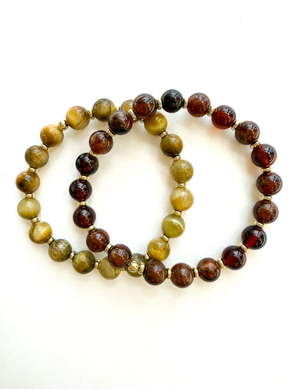 Garnet and gold bracelet pair for Gameday school spirit. Stretch bracelets with natural gemstones and gold meant to last for season after season. Ships gift ready. Go Noles! 