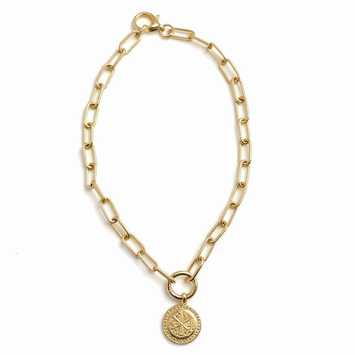 16 inch gold paperclip interchangeable charm necklace handcrafted in 18k gold filled materials. Ships from Atlanta, GA, USA by woman owned business- HOPE & RAYE. Handcrafted to order and ships gift-ready. Perfect holiday chain coin necklace for her. 