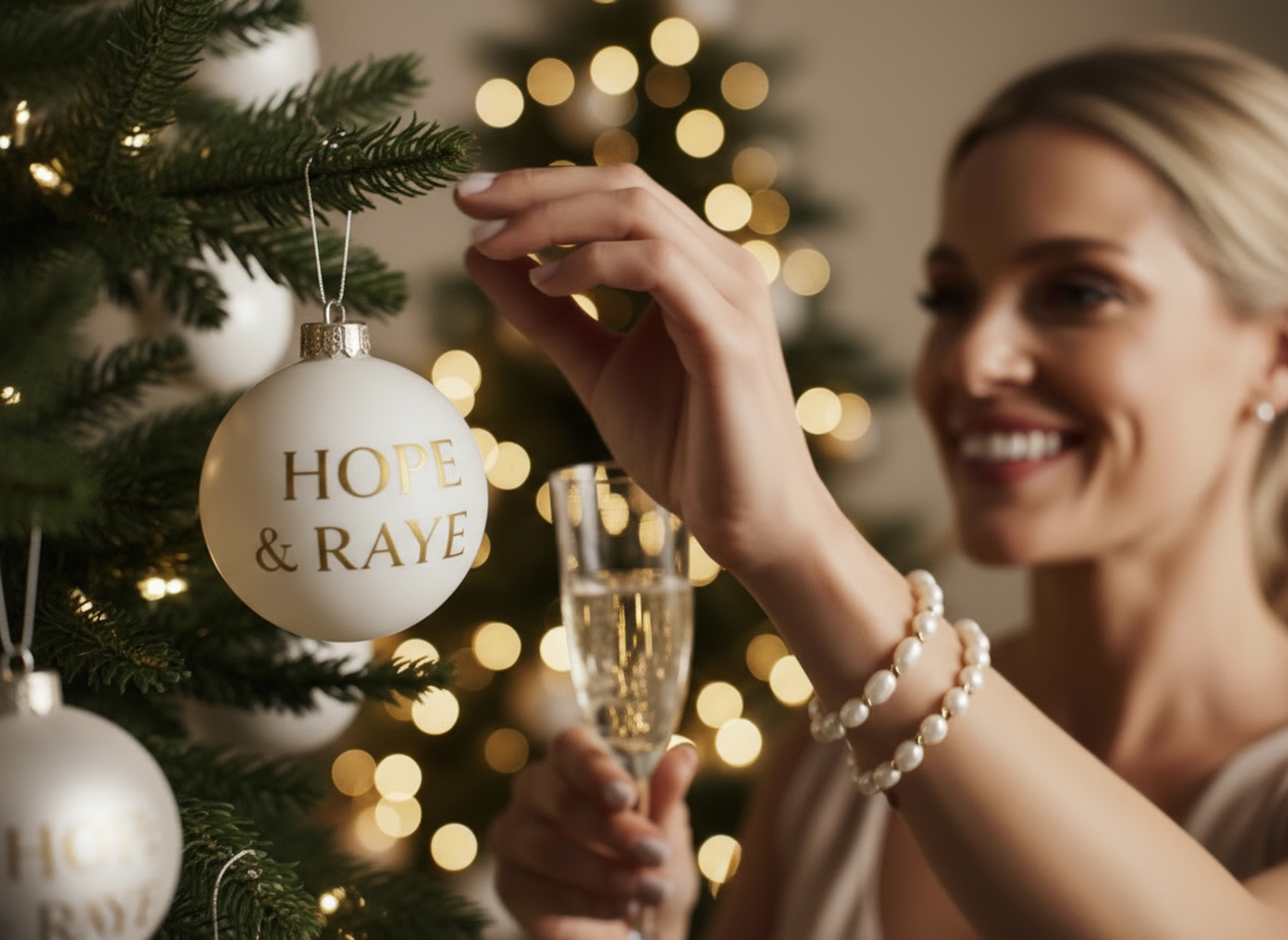 Woman decorating a Christmas tree wearing HOPE & RAYE bracelets and drinking champagne for the holidays. HOPE & RAYE ships gift-ready from Atlanta, GA and ships nationwide. 