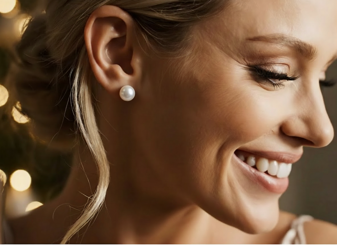 Elegant pearl stud earring by HOPE & RAYE worn by smiling woman, natural freshwater pearl earrings handcrafted in Atlanta GA, luxury statement pearl earrings for women, shop handmade gemstone earrings