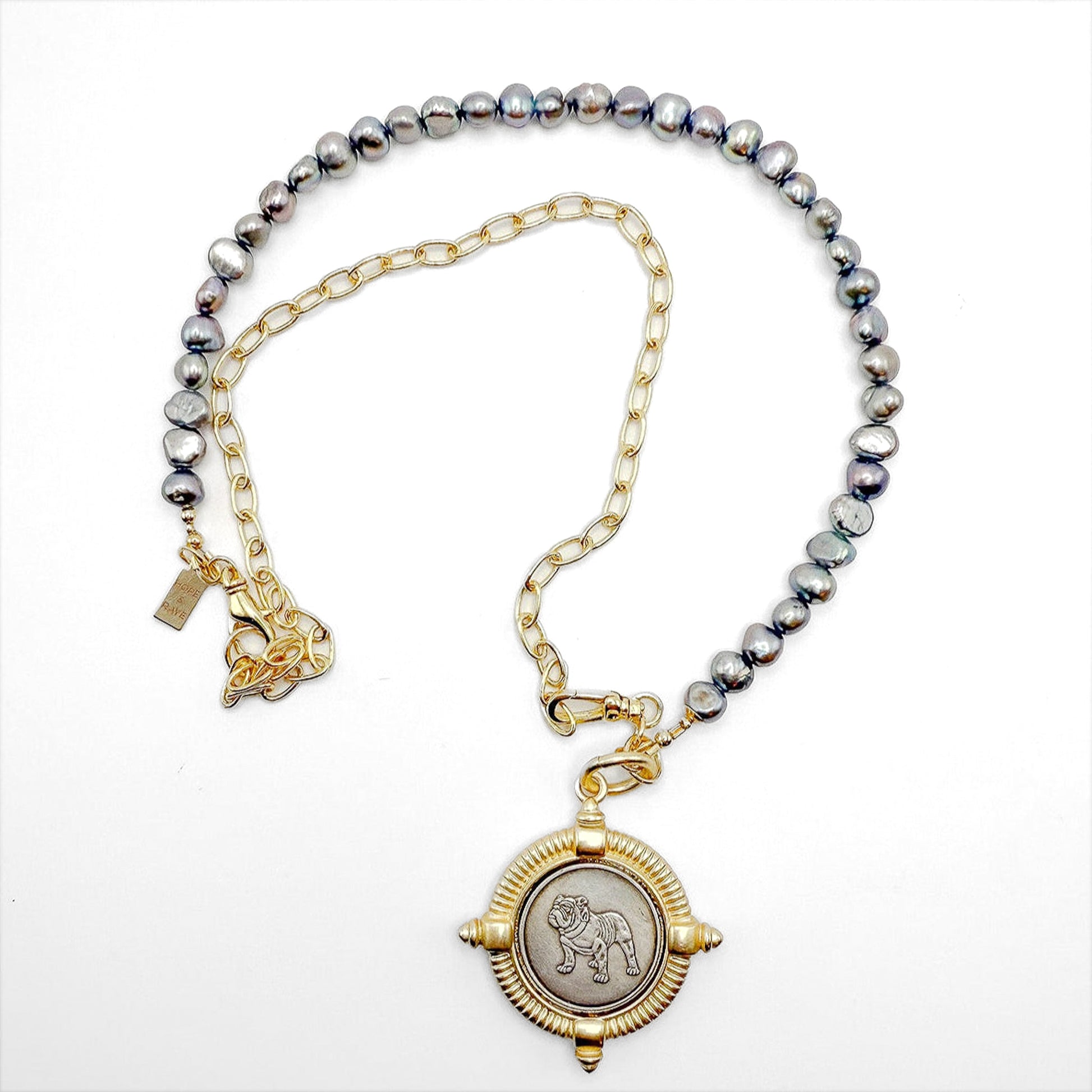 Bulldog pendant necklace with half and half design- gold chain and pearl split design. 22 inch necklace with 2 inch bulldog pendant at center. Perfect for gameday or everyday. Handcrafted in Atlanta, GA, USA by HOPE & RAYE.