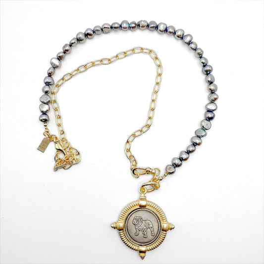 Bulldog pendant necklace with half and half design- gold chain and pearl split design. 22 inch necklace with 2 inch bulldog pendant at center. Perfect for gameday or everyday. Handcrafted in Atlanta, GA, USA by HOPE & RAYE.