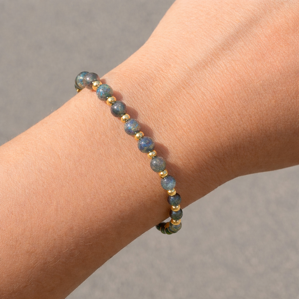 Handmade gemstone beaded bracelet by HOPE & RAYE on wrist, natural blue lapis lazuli stone bracelet with gold-filled accent beads, artisan handcrafted jewelry Atlanta GA, shop bracelets for women