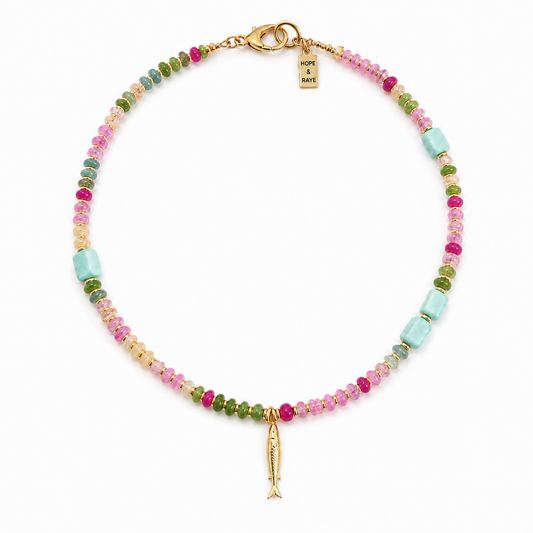 Multicolor Gemstone & Blue Opal Fish Charm Necklace