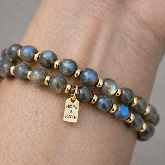 Natural labradorite with 18 karat gold short bracelet set of two bracelets handmade in Atlanta, Georgia.