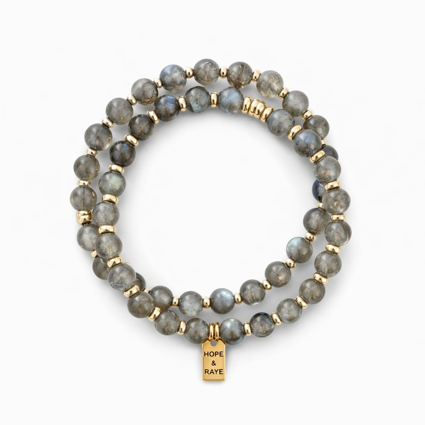 Two natural labradorite 4 mm smooth round bracelets with 18 karat gold filled disc beads handcrafted on stretch material. High-quality to last. Ships gift Reddy from Atlanta, Georgia USA.