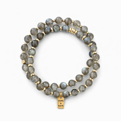 Two natural labradorite 4 mm smooth round bracelets with 18 karat gold filled disc beads handcrafted on stretch material. High-quality to last. Ships gift Reddy from Atlanta, Georgia USA.