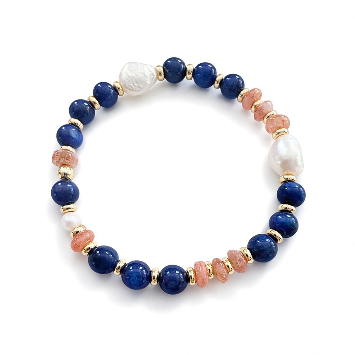 Lapis gemstone, Sunstone, freshwater pearl beaded bracelet with gold. Handcrafted in Atlanta and ships and jewelry box with velvet pouch and cleansing cloth.