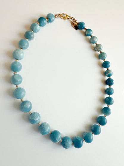 Natural Larimar beaded 16 inch neck, necklace with gold beads , and gold clap.