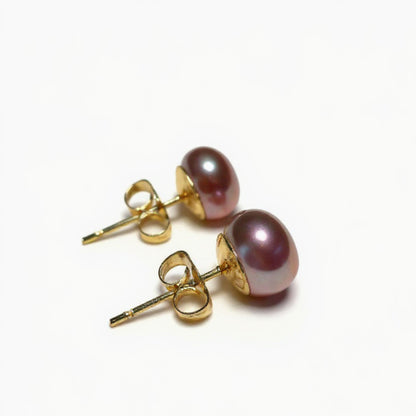 Genuine plum freshwater pearl earrings 8.5–9mm pearls with gold-filled settings classic fall jewelry holiday pearl studs handmade by Hope and Raye