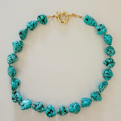 Turquoise chunky 16 inch necklace with gold clasp
