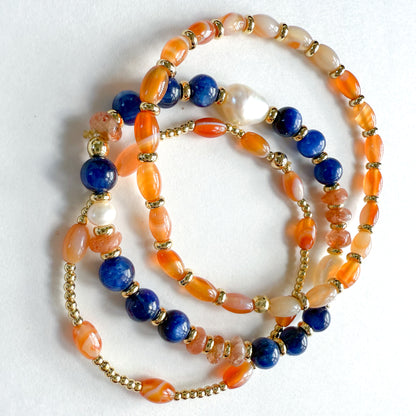 Orange and blue game day braclet stck of 3 natural gemstone bracelets and gold. Perfect for holiday gifting and Florida gameday.