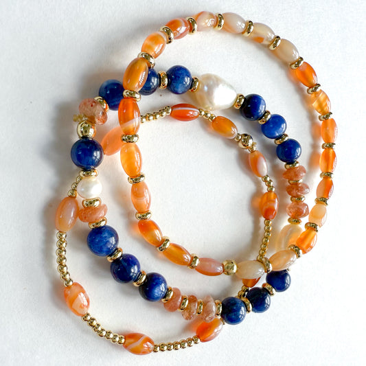 Orange and blue game day braclet stck of 3 natural gemstone bracelets and gold. Perfect for holiday gifting and Florida gameday.