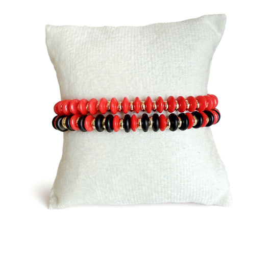 Red and black bracelet set with dainty glass disc beads and 18k gold-filled discs to last season after season. UGA inspired. Perfect for tailgates UGA games or every day. UGA fan holiday bracelet gift. Ship’s gift Reddy from Atlanta Georgia USA. Handcrafted by Hope and Raye.￼
