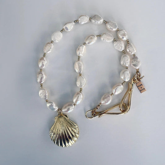 Shell Gold Necklace with Baroque Pearls