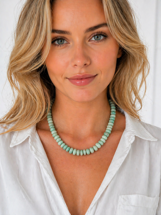 16 inch green gemstone necklace with gold class on model