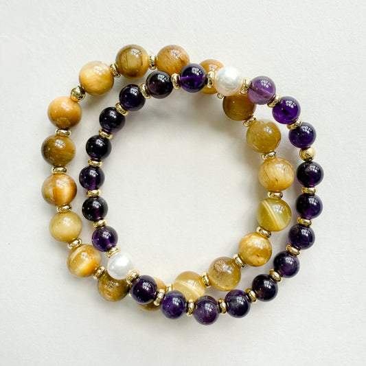 Purple amethyst with gold tiger gemstone beaded stretch bracelet set. Game day jewelry. Holiday bracelet gift for LSU fan. Christmas bracelet gift for Clemson fan.
