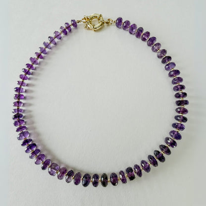 Amethyst beaded necklace with gold clasp by Hope and Raye.