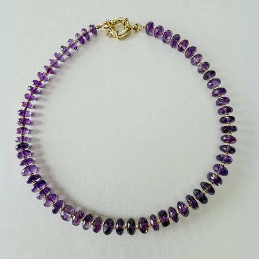Amethyst beaded necklace with gold clasp by Hope and Raye.