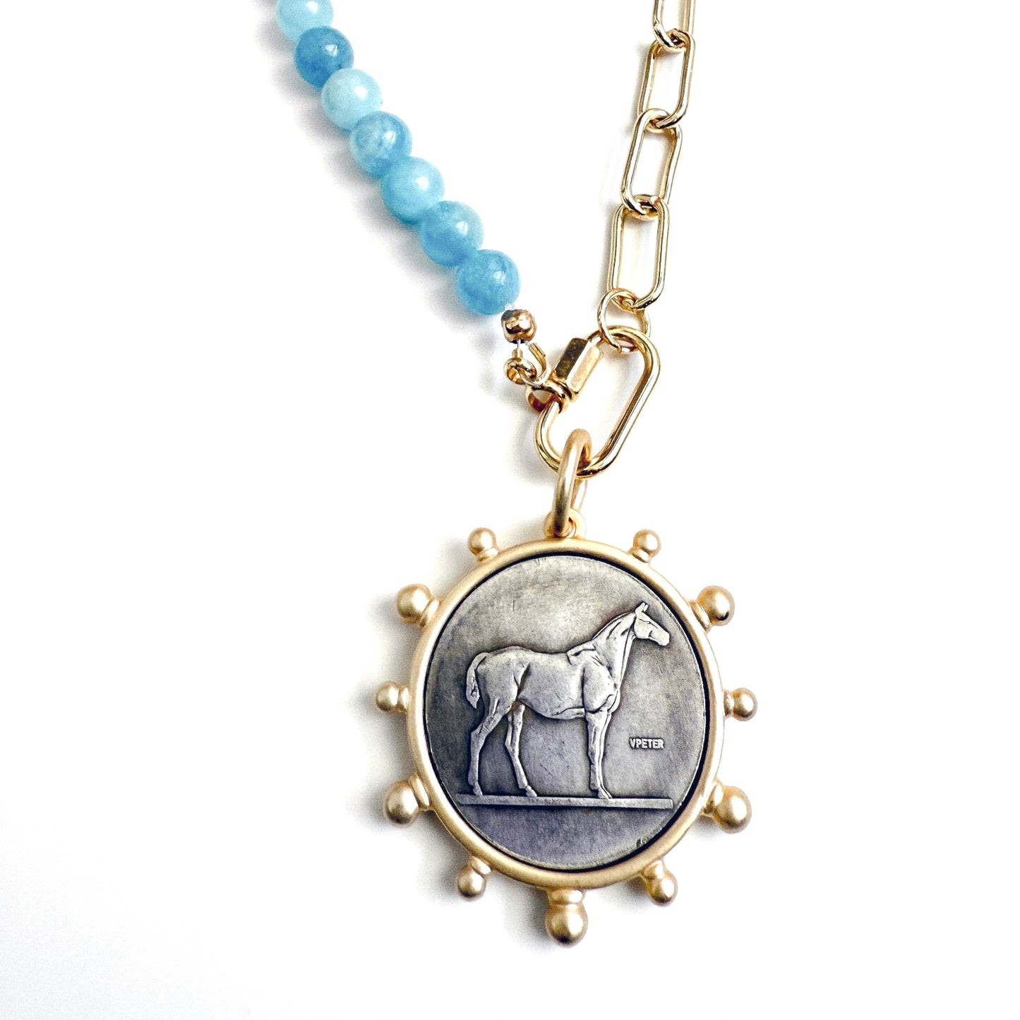 Horse Pendant Necklace | Aquamarine & Gold Paperclip Chain | Chivalrous