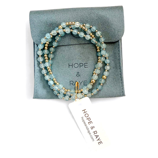 Aquamarine bracelet stack set of 3 with tarnish-resistant gold beads, handcrafted stretch bracelets, HOPE & RAYE
